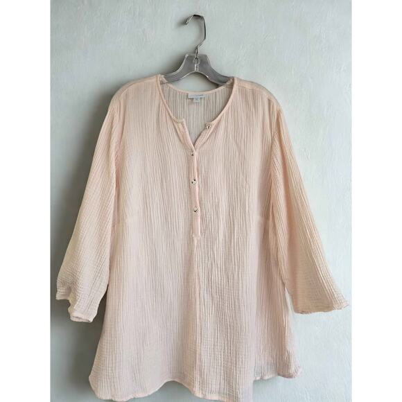 Pure Jill2X Tunic Top 100% Cotton Gauze Crinkle Double-Cloth Blouse Pale Pink - Picture 1 of 6